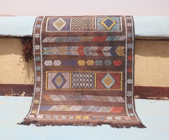 AMAZING MOROCCAN RUG - boho chic rug, brown berber rug 3x4, cactus rug, cactus silk rug, flatweave rug