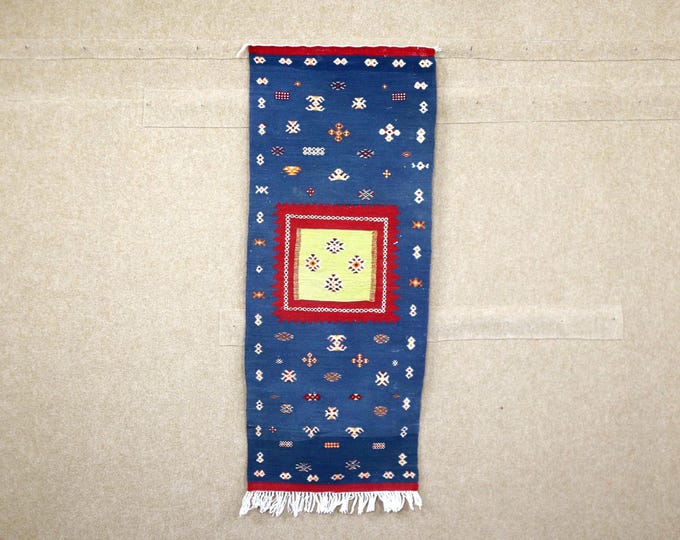 Moroccan Akhnif Runner 2x5 - Handwoven Berber Rug - Flat Weave Rug - Wool Area Rug - Blue Moroccan Rug
