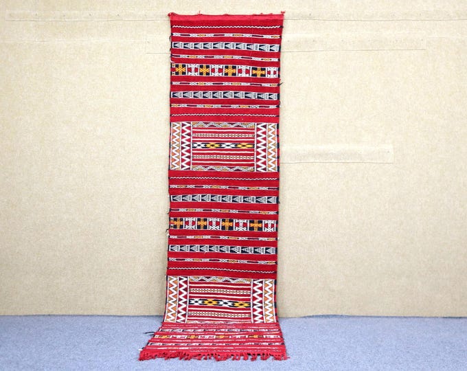 Vibrant Kilim Runner Kilim 2x9 - Moroccan Handwoven Rug - Natural Wool Rug - Tribal Boho Hallway Runner Rug - Red Berber Rug