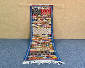 Moroccan Picasso Runner Rug 2x7 ft– Handmade Abstract Berber Wool Rug – Long Flatweave Hallway Runner – Wool Hallway & Entryway Decor