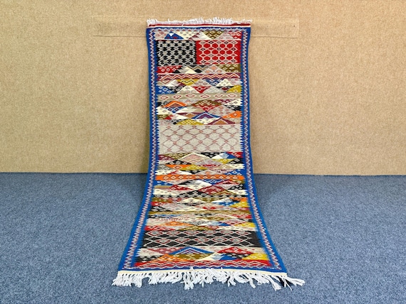 Moroccan Picasso Runner Rug 2x7 ft– Handmade Abstract Berber Wool Rug – Long Flatweave Hallway Runner – Wool Hallway & Entryway Decor