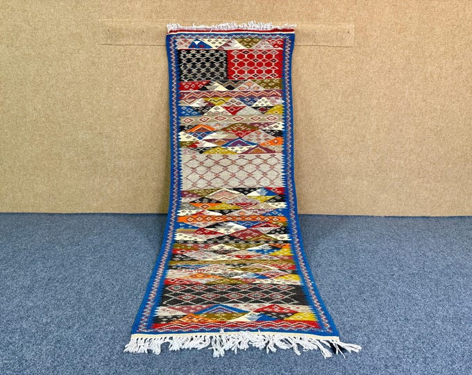 Moroccan Picasso Runner Rug 2x7 ft– Handmade Abstract Berber Wool Rug – Long Flatweave Hallway Runner – Wool Hallway & Entryway Decor