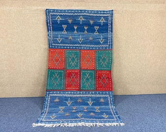 Blue Akhnif Berber Rug 5x8 ft – Moroccan Wool Flatweave – Bohemian Living Room Carpet –Rustic Moroccan Rug-Home Decor- Free Shipping