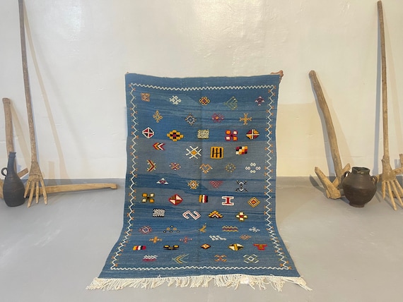 Blue Moroccan rug - Custom Moroccan rug - Blue Kilim rug - Contemporary Berber rug - Flat weave Blue rug - Moroccan rug blue - Akhnif rug