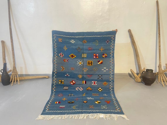 Blue Moroccan rug - Custom Moroccan rug - Blue Kilim rug - Contemporary Berber rug - Flat weave Blue rug - Moroccan rug blue - Akhnif rug