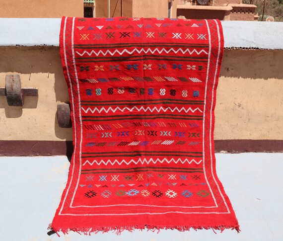 AUTHENTIC RED MOROCCAN rug 4x7 rug, azilal berber rug, kilim flat weave rug, handmade boujad rug