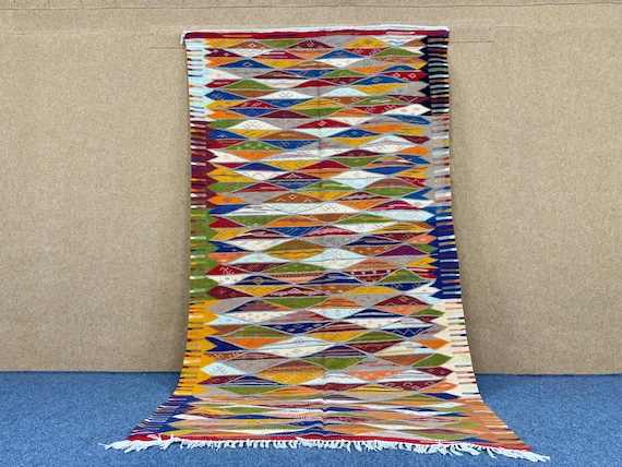 Colorful Kilim Rug 5x8 ft – Moroccan Handmade Wool Flatweave Rug – Eco Friendly Rug – Lightweight Wool Carpet– Boho Berber Carpet