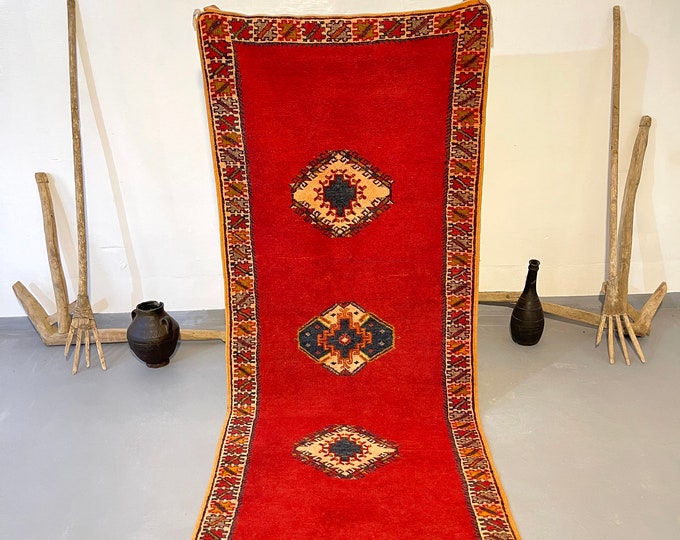 Vintage red moroccan runner 3x8 Feet - Taznakhet rug - Red berber runner - Vintage Moroccan Hallway - Moroccan runner rug