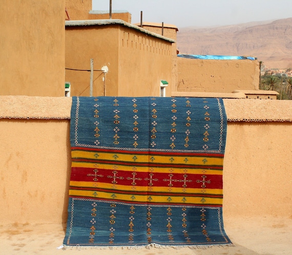 Blue Kilim Rug 5.1 x 6.8 feet - Morocco rug - handwoven rug - Berber rug - Akhnif rug - exclusive Kilim rug - Flat rug - Berber rug