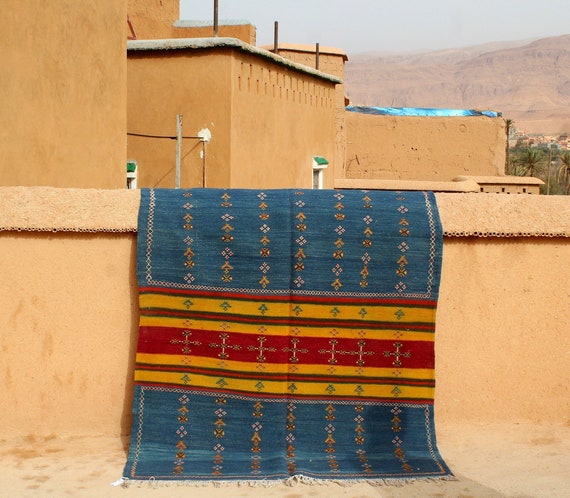 Blue Kilim Rug 5.1 x 6.8 feet - Morocco rug - handwoven rug - Berber rug - Akhnif rug - exclusive Kilim rug - Flat rug - Berber rug