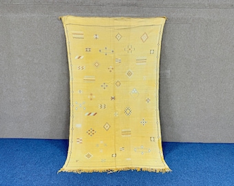 Authentic Handmade Light Yellow Berber Cactus Silk Rug 5x8 – Lightweight Moroccan Flatweave | Free Shipping