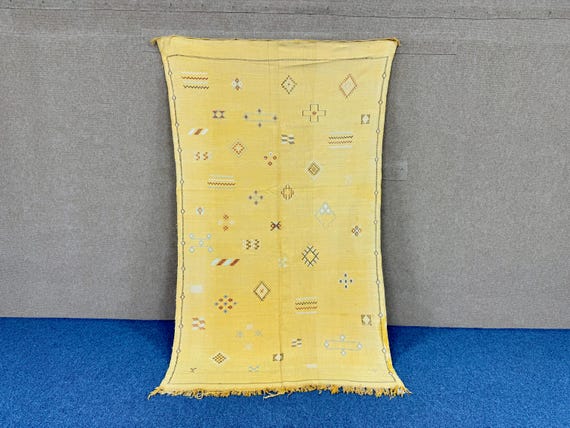 Authentic Handmade Light Yellow Berber Cactus Silk Rug 5x8 – Lightweight Moroccan Flatweave | Free Shipping