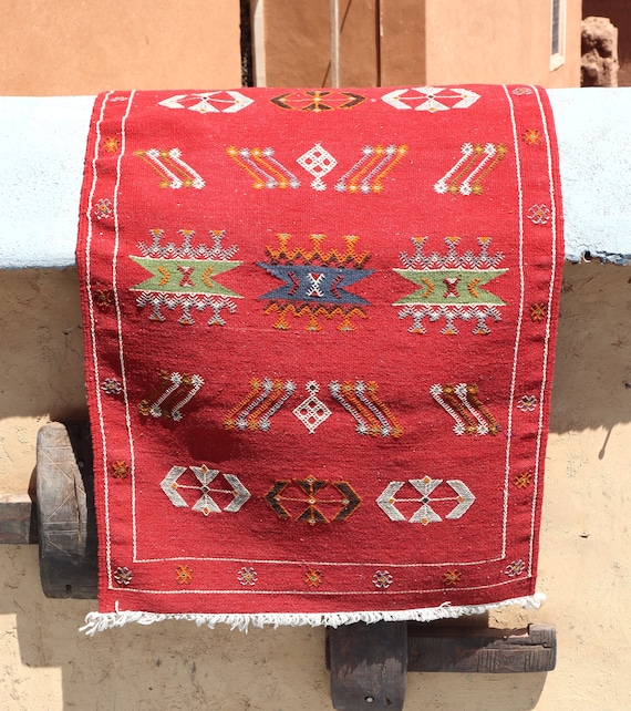 Moroccan Berber Kilim Rug 2x3 - Vibrant Red Handmade Rug, Boho Bedroom Decor, Outdoor Flat Weave Rug
