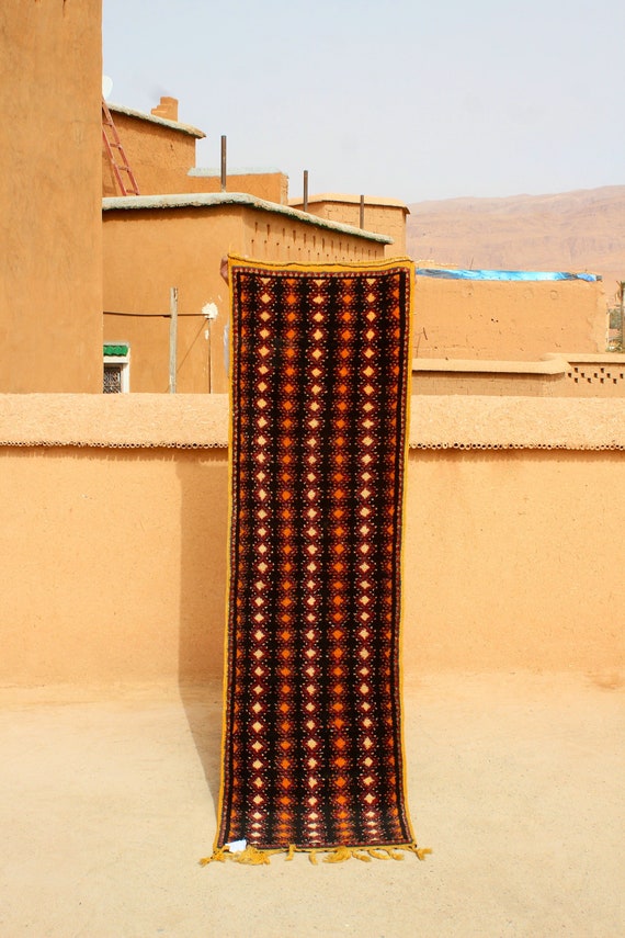 Vintage Beni Mrirt Moroccan Runner - 7.4x2.2 Feet - Black and Orange Hallway Rug