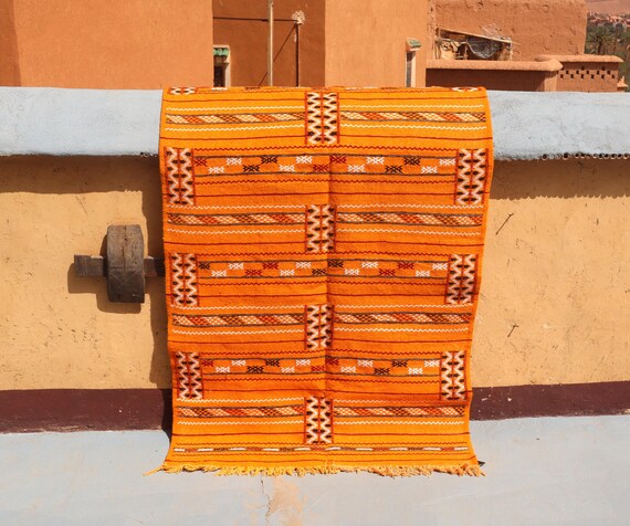 ORANGE CACTUS SILK 3x6 Rug - Moroccan Kilim Boujad Flat Weave Rug