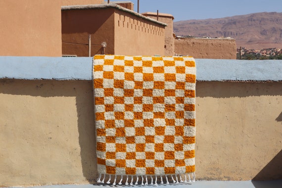 Hand Knotted Yellow Checkered Rug, 3x5 Rug, Moroccan Berber Wool Checkerboard Rug, Thick rug, Home Decor Rug