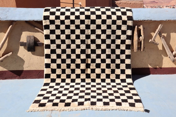 Hand-Knotted 5x8 Checkered Board Rug, Black and White Wool Rug, Handmade Moroccan Berber Beni Ourain Style