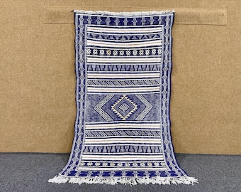 Blue Moroccan Rug 2x5 ft – Bohemian Kilim Rug – Handmade Wool Carpet – Moroccan Tribal Rug–Boho Small Area Rug