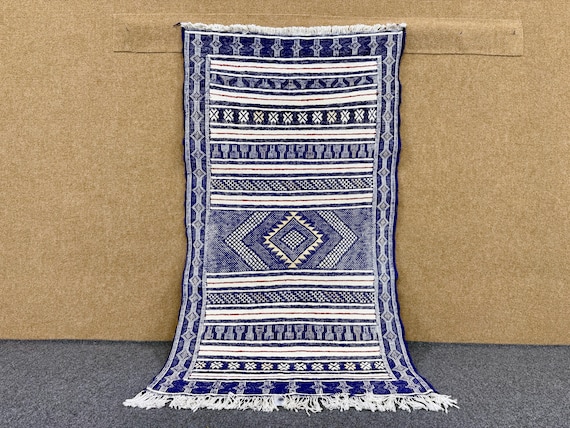 Blue Moroccan Rug 2x5 ft – Bohemian Kilim Rug – Handmade Wool Carpet – Moroccan Tribal Rug–Boho Small Area Rug