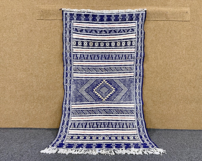 Blue Moroccan Rug 2x5 ft – Bohemian Kilim Rug – Handmade Wool Carpet – Moroccan Tribal Rug–Boho Small Area Rug