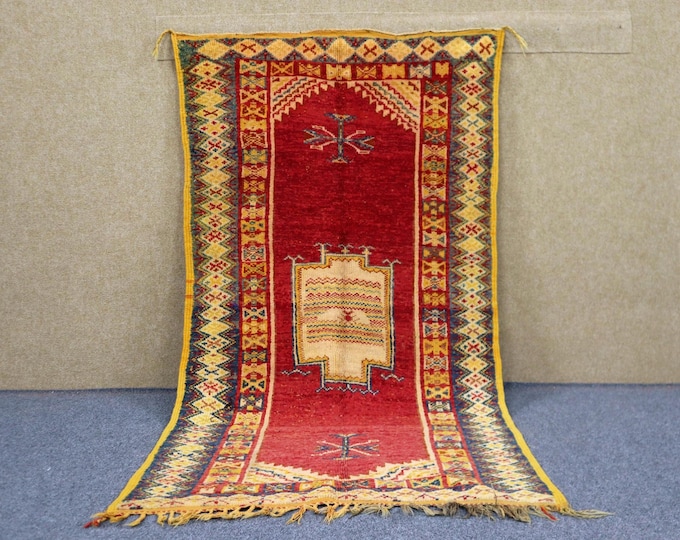 Vibrant Red Moroccan Rug 3x6 - Unique Taznakht Rug - Handwoven Berber Rug - Natural Wool Area Rug - Tribal Boho Rug