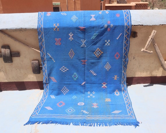 BERBER MOROCCAN RUG - blue cactus silk rug, 5x8 rug, rug wedding gift, gothic rug, flatweave berber rug, living room rug
