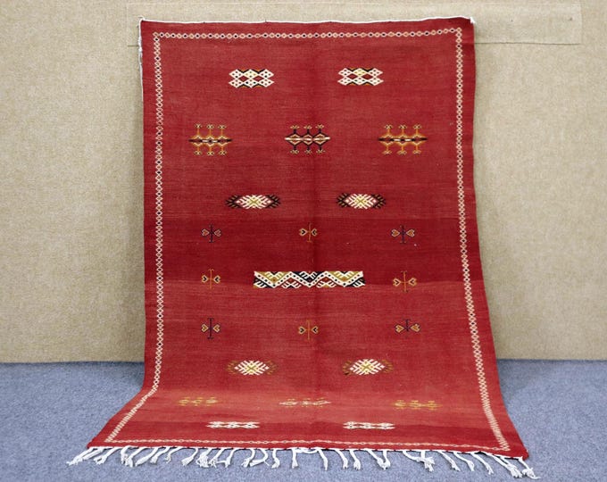Red Moroccan Akhnif Rug 3x5 - Handwoven Berber Rug - Boho Statement Rug for Bedroom - Flat Weave Rug - Natural Wool Area Rug
