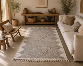 Beige Moroccan Rug 3x5 ft , Zanafi Rug, Moroccan Berber Flatweave, Handwoven Wool Striped Area Rug, Nomad Boho Decor for Living Room,