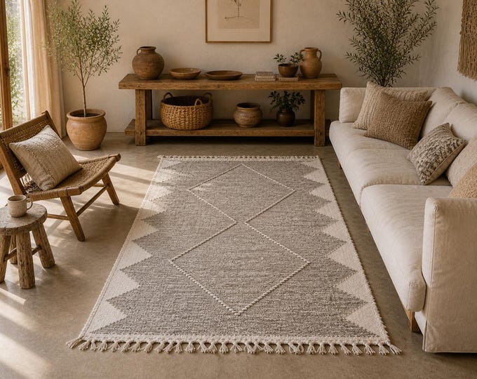 Beige Moroccan Rug 3x5 ft , Zanafi Rug, Moroccan Berber Flatweave, Handwoven Wool Striped Area Rug, Nomad Boho Decor for Living Room,