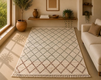 Beni Mrirt Wool Rug 6x8 ft | Authentic Moroccan Rug | Thick Pile Hand-Knotted Carpet | Neutral Modern Boho Area Rug | Moroccan Home Decor