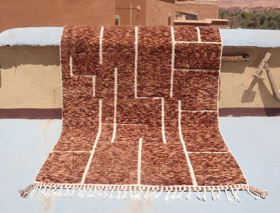 Minimalist Brown Berber Rug 7x10, Moroccan Beni Ourain Rug , HandKnotted Area rug, Tufted tribal rug handmade