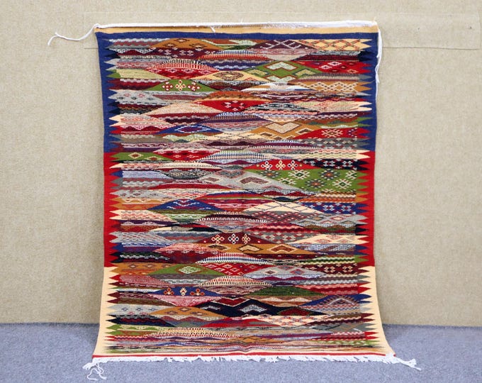 Authentic Moroccan Akhnif Rug 3x5 - Natural Wool Rug - Handwoven Berber Rug - Akhnif Flat Weave Rug - Ethnic Moroccan Wall Art
