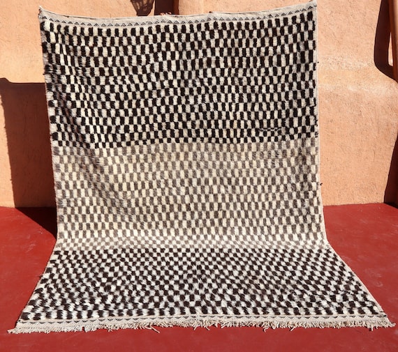 Amazing Berber Moroccan rug 7x10, Beniouarain rug, Checkered area rug, Handknotted wool rug, Minimalist Naturel rug, Living room rug
