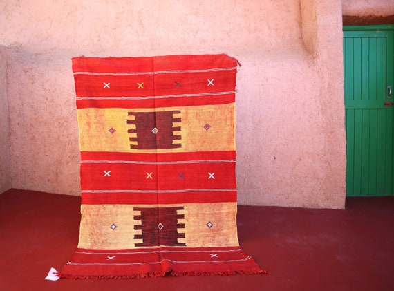 Handmade 3x5 Moroccan Cactus Silk Rug,  Flatweave Berber Sabra Rug, Yellow Red Rug