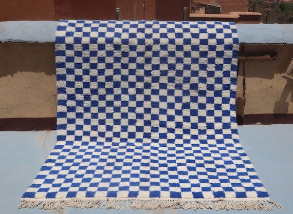 Checkered rug blue moroccan rug 7x10 , beniourain Rug, Checker rug, blue berber rug, bohemian decor, wool rug