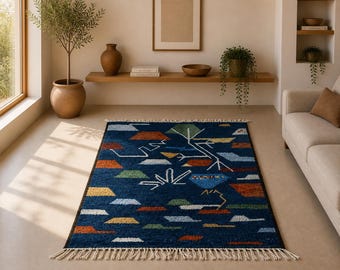 Blue Moroccan Rug 4x4 ft –Handmade Azilal Rug – Authentic Moroccan Wool –Azilal– Traditionally Rugs – Colored Area Rug – Boho Home Decor