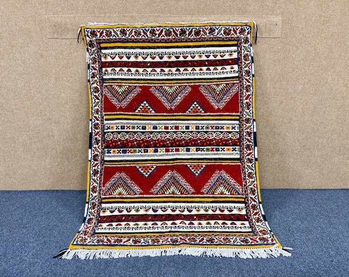 Moroccan Glaoui Rug 3x5 ft– Handwoven Wool Tribal Carpet – Glaoui Style – Authentic Berber Moroccan Rug –Flatweave with Embroidery Rug