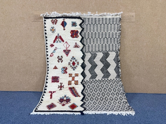Unique Tribal Berber Wool Carpet - Moroccan Wool Glaoui Rug 4x5 Ft - Handmade Berber Carpet for Living Room - Ethnic Moroccan Rug