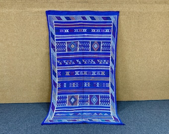 Authentic Blue Berber Cactus Silk Rug 5x8 – Lightweight Moroccan Flatweave Kilim rug | Free Shipping