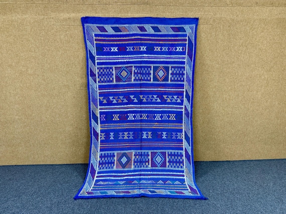 Authentic Blue Berber Cactus Silk Rug 5x8 – Lightweight Moroccan Flatweave Kilim rug | Free Shipping