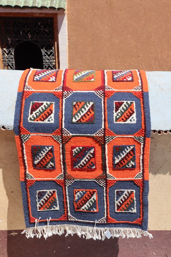 traditional tattoo rug, burnt orange, homemade rug, 2x3 rug, flat weave rug, traditional berber rug