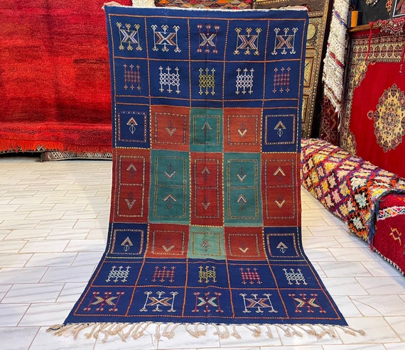 Amazing Blue Kilim Rug 5x9 feet - Blue Kilim rug - Berber rug - Akhnif rug - Moroccan rug - Taznakhet rug - 9.5 x 5.3 Feet