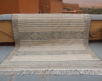 Vibrant Custom Kilim Rug - Washable Cotton,Moroccan-inspired Home Decor, Blue and White Accents