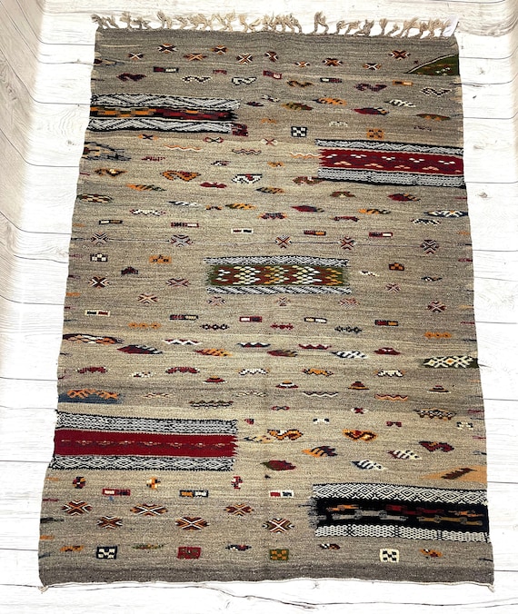 Gorgeous Area rug - Hand woven Tribal Rug - Akhnif Rug - Gray Kilim Rug - Berber Rug - Moroccan Rug