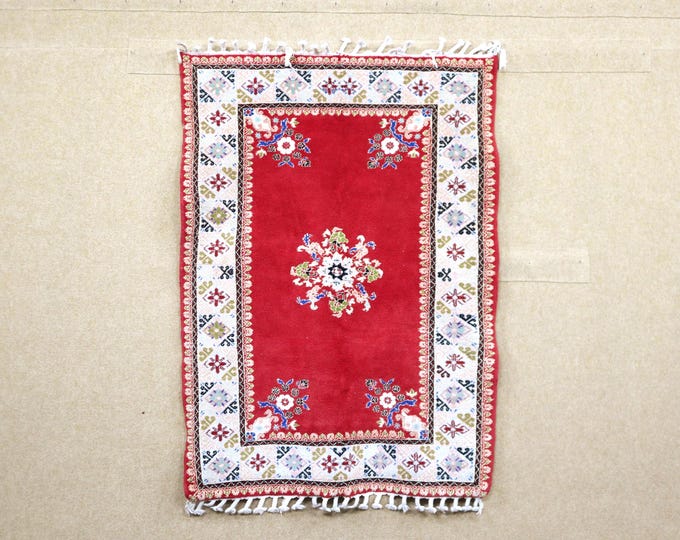 Authentic Red Moroccan Rug 4x5 - Handwoven Berber Rug - Natural Wool Area Rug - High Quality Rug For Living Room
