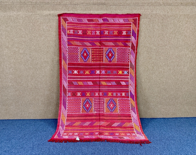 Authentic Red Berber Cactus Silk Rug 5x8 – Lightweight Moroccan Flatweave Rug | Free Shipping