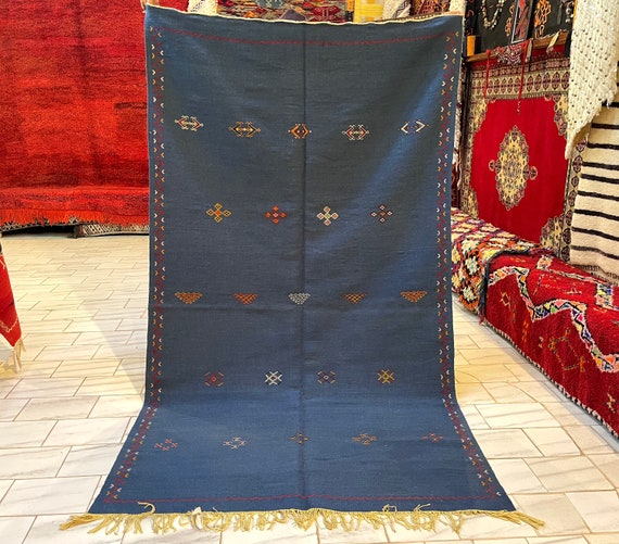 Minimalist blue area rug - 5x8 moroccan rug - Blue Kilim rug - Contemporary Moroccan design - Handcrafted Berber rug - flat weave rug