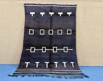 Black Beni Mrirt Wool Rug 5x8 ft | Authentic Moroccan Rug | Thick Pile Hand-Knotted Carpet | Neutral Modern Boho Area Rug | Boho Decor