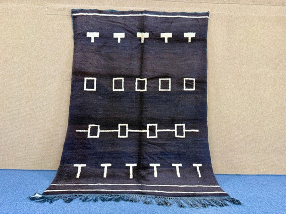 Black Beni Mrirt Wool Rug 5x8 ft | Authentic Moroccan Rug | Thick Pile Hand-Knotted Carpet | Neutral Modern Boho Area Rug | Boho Decor