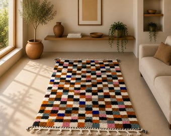 Moroccan Azilal Checkered Rug 3x5 ft– Moroccan Tribal Wool Carpet–Modern Azilal Rug – Artistic Colorful Handmade Rug– Boho Bedroom Rug